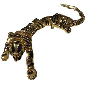 Articulated Tiger Brooch Double Pin Gold Tone Emerald Green Tone Eyes Wild Cat